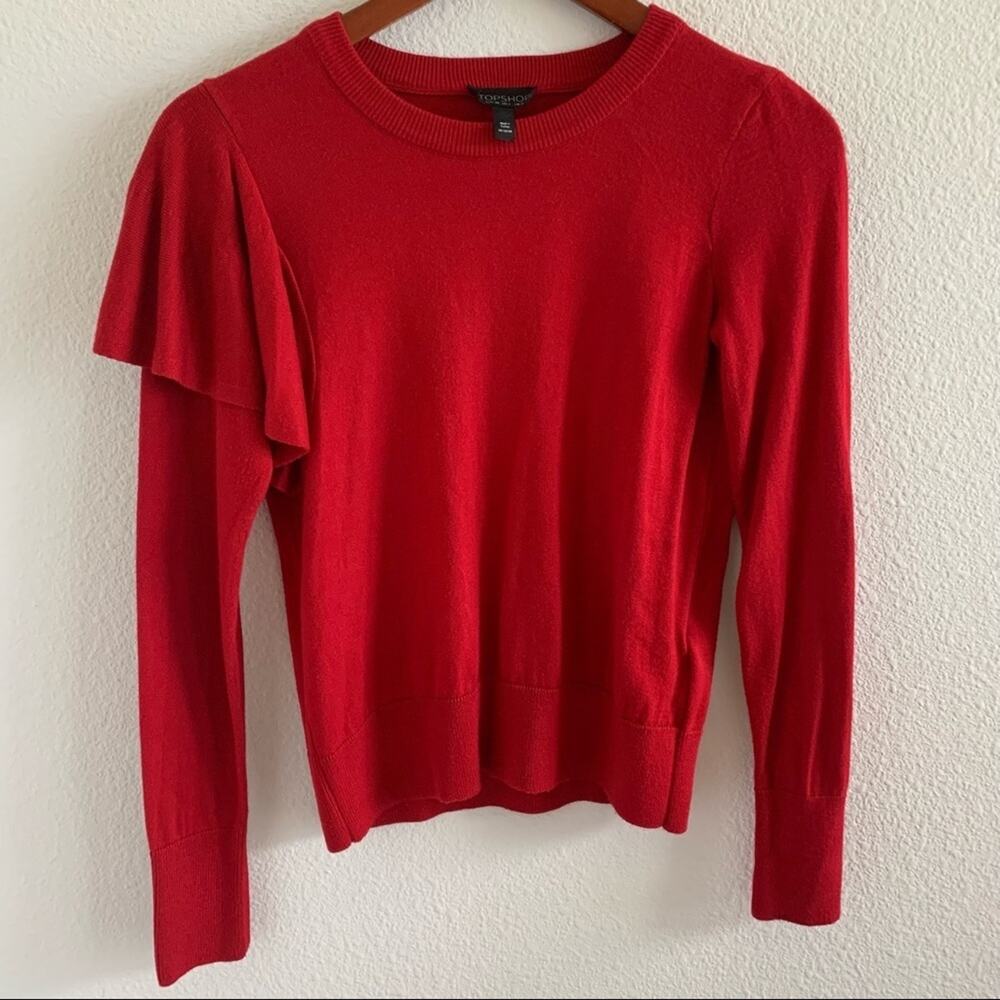 TOPSHOP Red Half Ruffle Sweater Top US 2